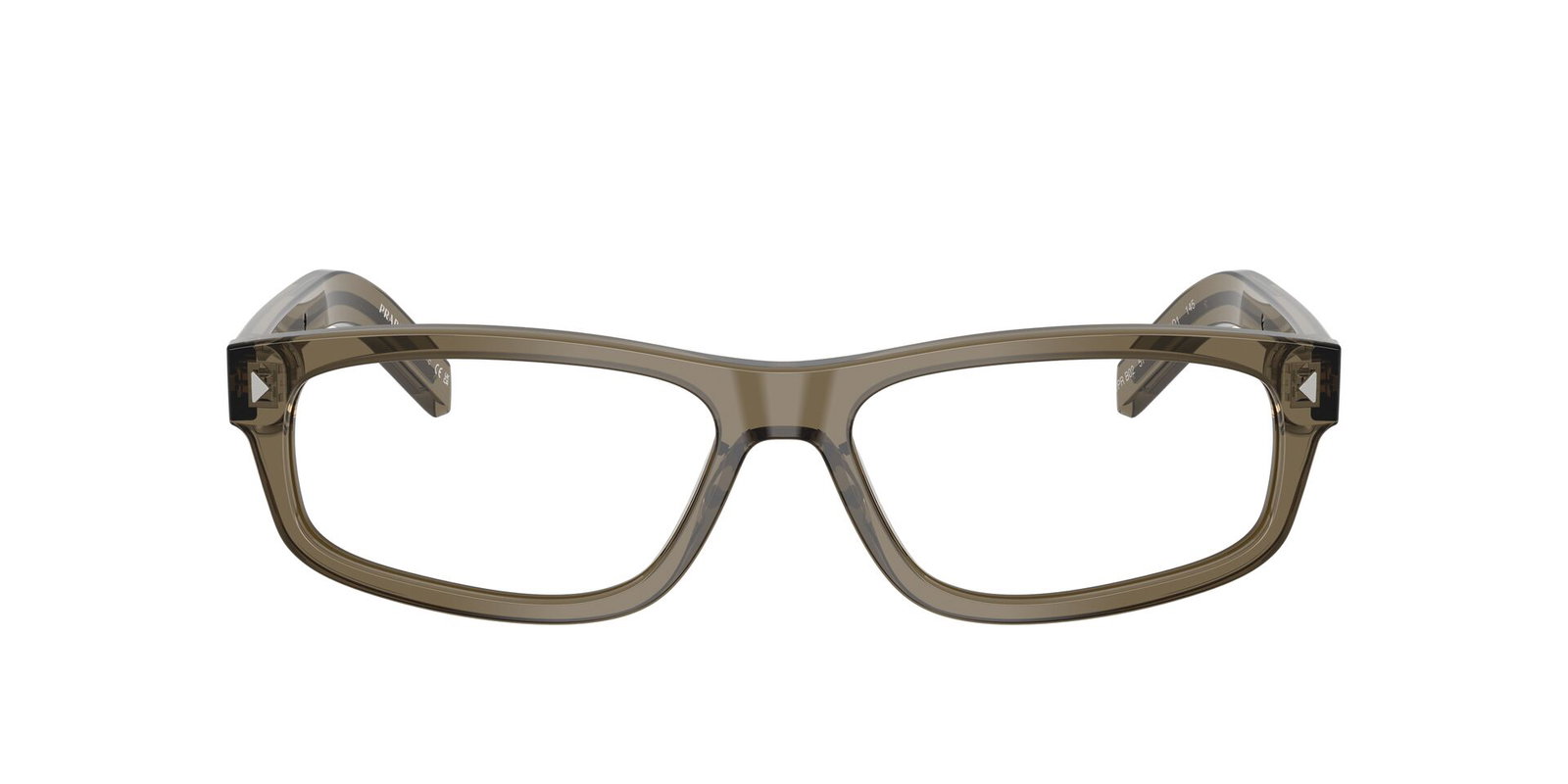 Das Bild zeigt die Prada Brille B02V in Braun transparent von vorne.